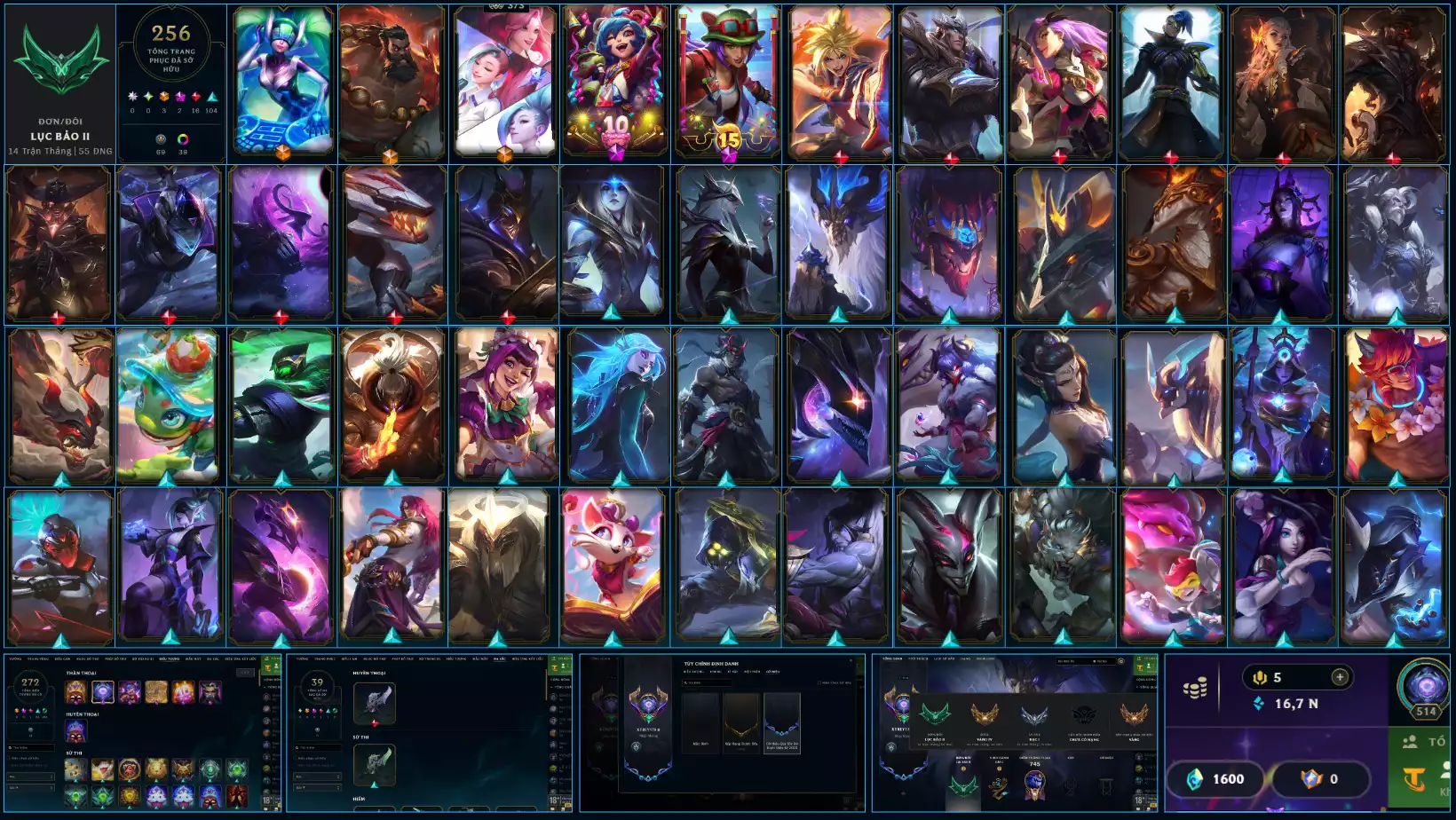 LOL ĐẸP Rank Lục Bảo 2 - Rất Nhiều Khung Đẹp 256 Skin - Lv 514 - Full Tướng - Nhiều Hàng Hiệu Đa Sắc 39- Còn Đổi Tên TFT - Đủ Chơi Thông Tin Hỗ Trợ Đầy Đủ - Bảo Hành 100%